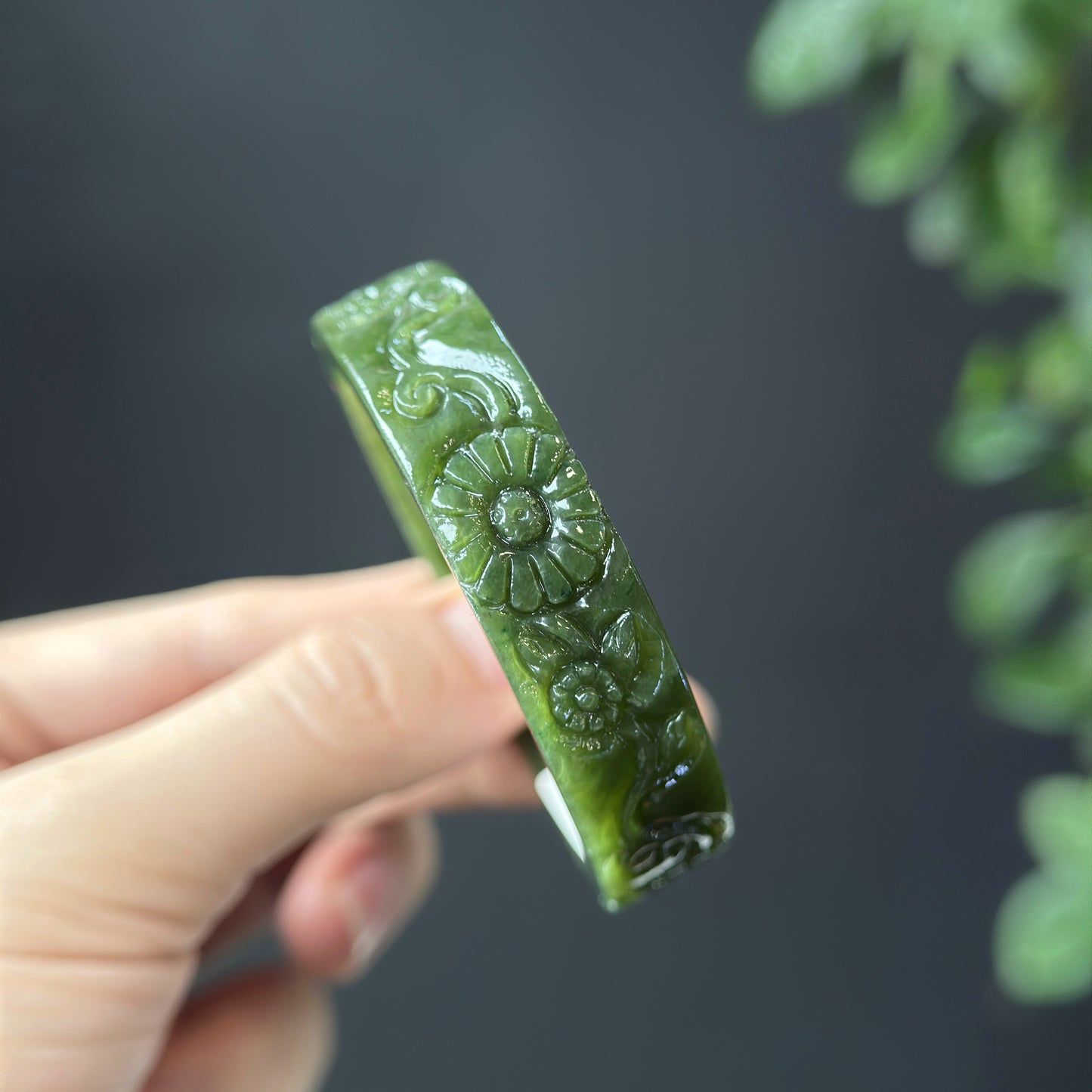 Flower Carving Natural Nephrite Jade VIP Bangle Square Style Size 52 mm