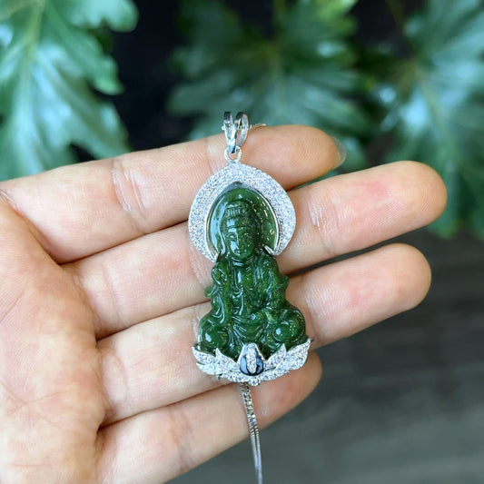 Quan The Am Buddha Natural Nephrite Jade with Halo with White Stones Pendant in 10 k White Gold Setting