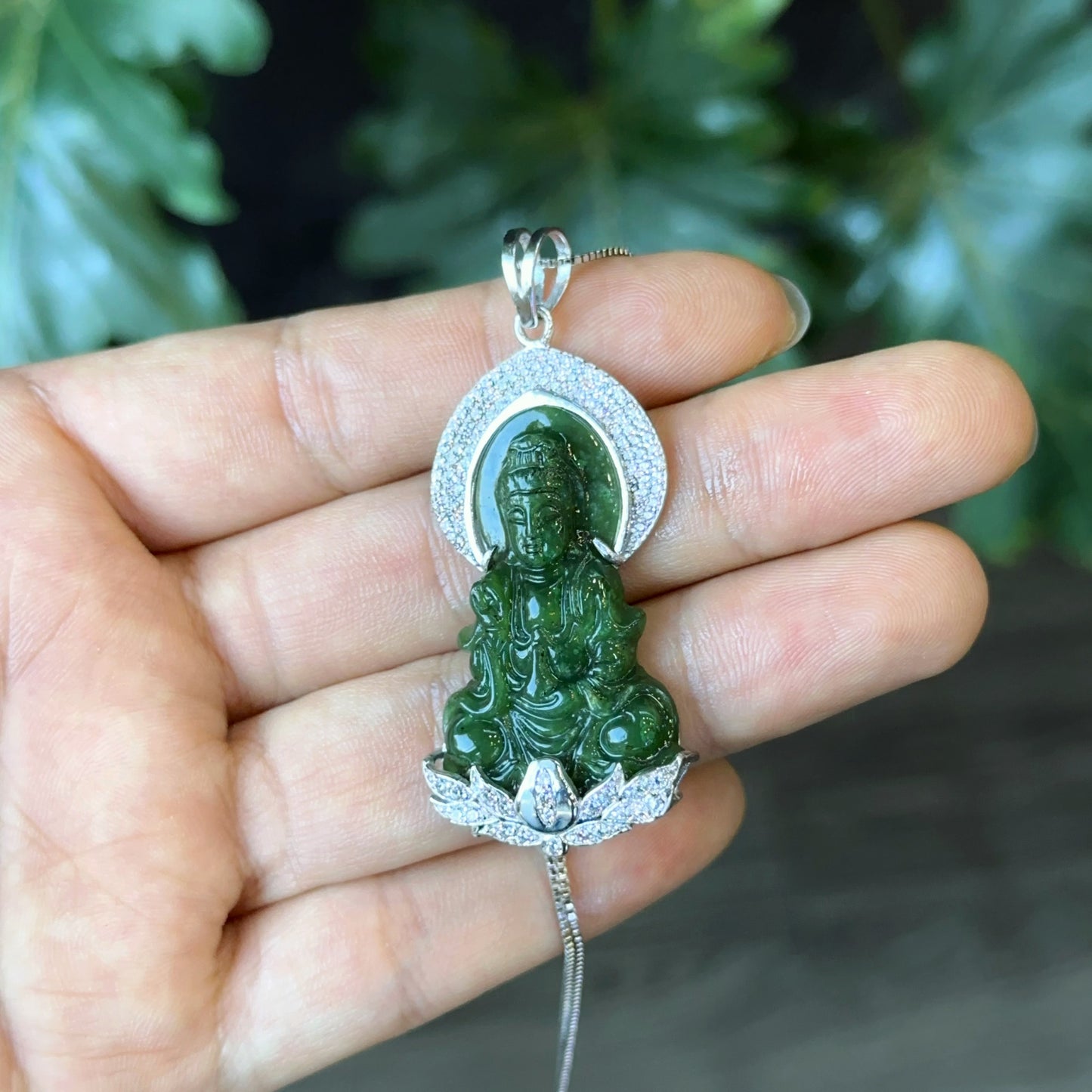 Quan The Am Buddha Natural Nephrite Jade with Halo with White Stones Pendant in 10 k White Gold Setting