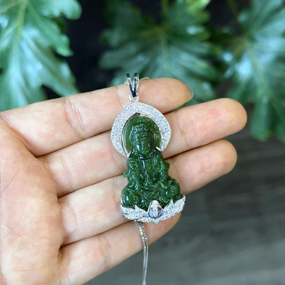 Quan The Am Buddha Natural Nephrite Jade with Halo with White Stones Pendant in 10 k White Gold Setting