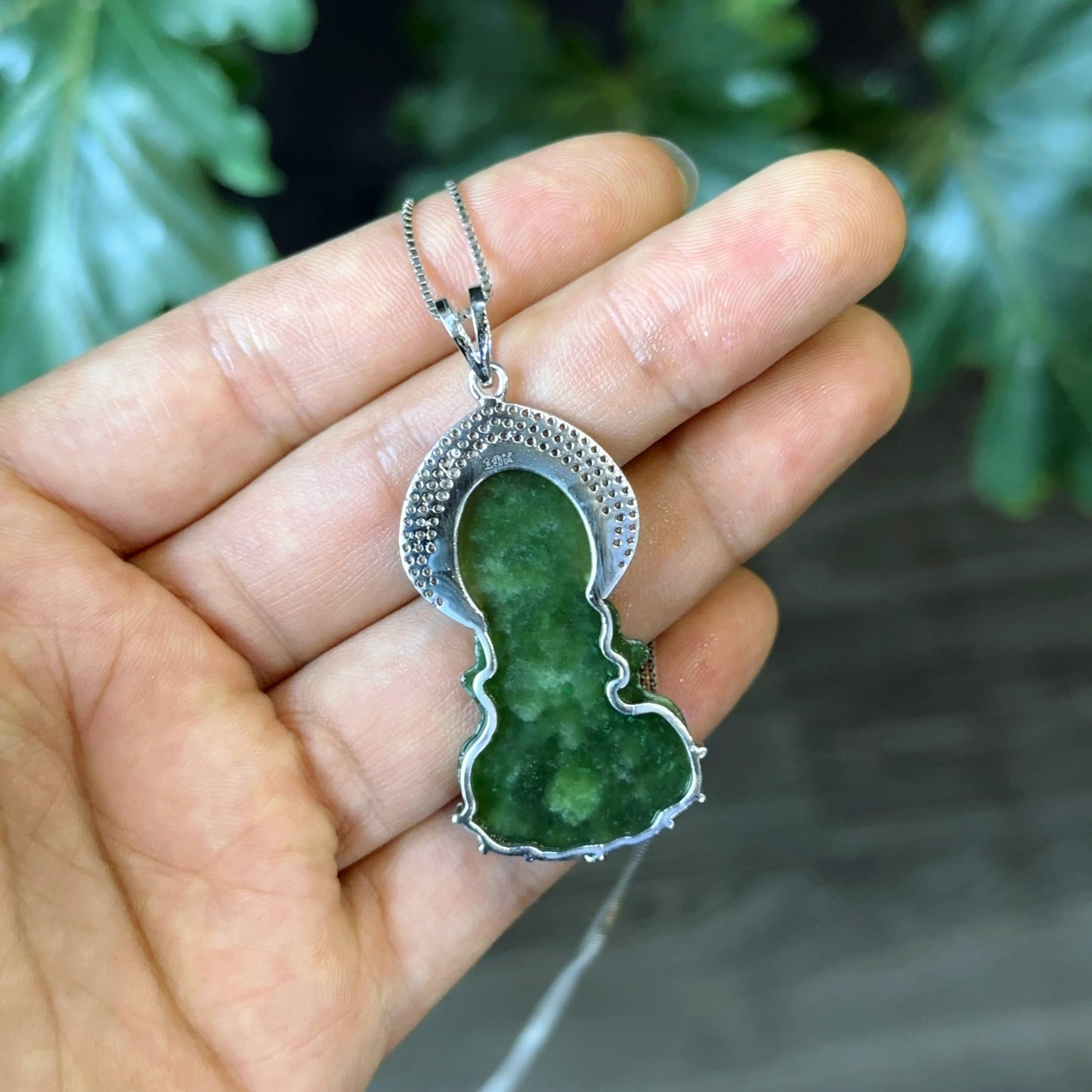 Quan The Am Buddha Natural Nephrite Jade with Halo with White Stones Pendant in 10 k White Gold Setting