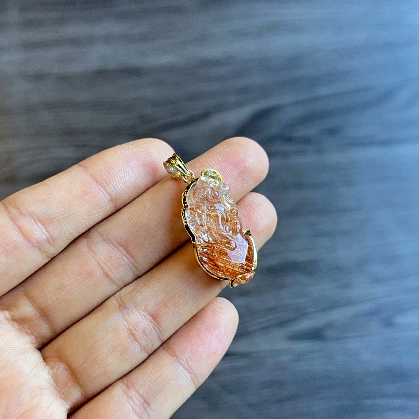 Pixiu Red Brown Rutilated Quartz Pendant in 10k Yellow Gold Setting