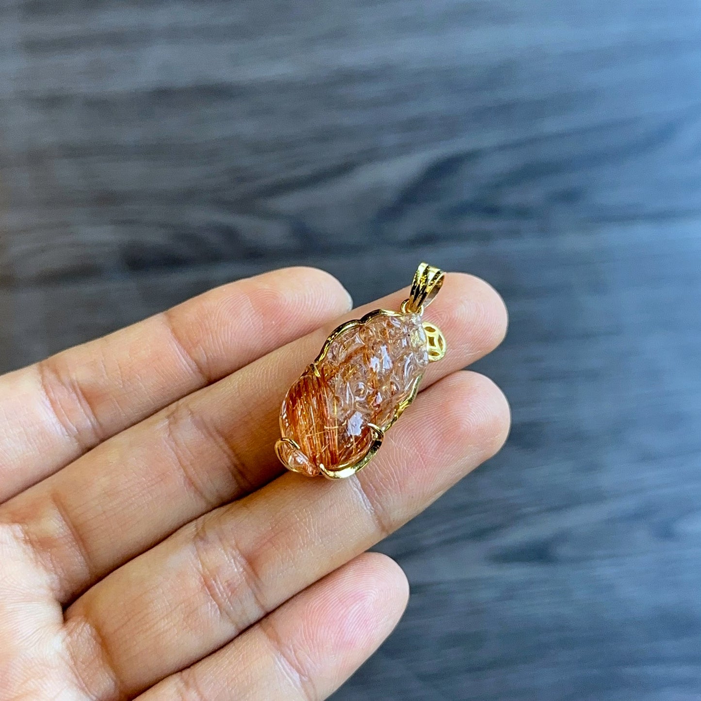 Pixiu Red Brown Rutilated Quartz Pendant in 10k Yellow Gold Setting