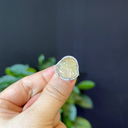 Bague Béryl Doré Happy Buddha en Argent avec Serti Pierre Blanche Taille 1,75