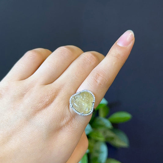Happy Buddha Natural Golden Beryl Ring in Silver with White Stone Setting Size 1.75