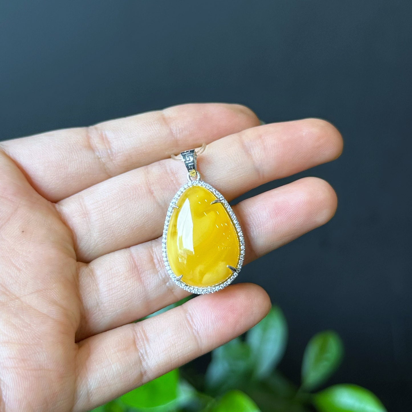 Water Drop Natural Amber Pendant in Silver Setting