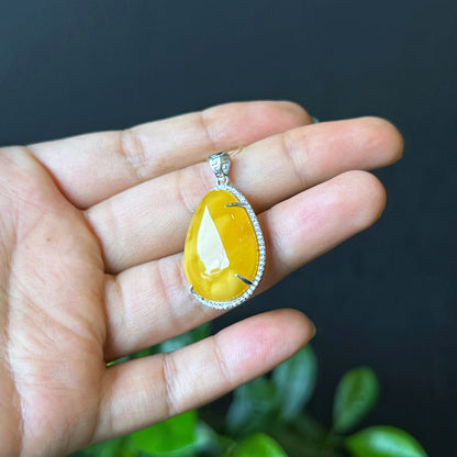 Water Drop Natural Amber Pendant in Silver Setting