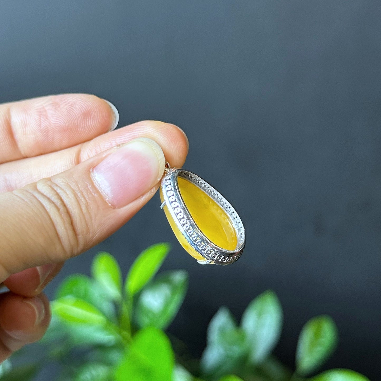 Water Drop Natural Amber Pendant in Silver Setting