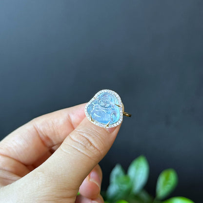 Happy Buddha Natural Blue Beryl Ring in 10k Yellow Gold with White Stone Setting Size 1.75