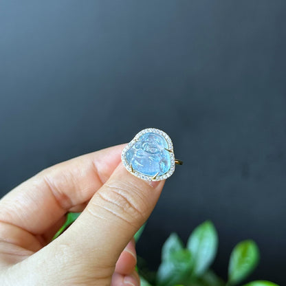 Happy Buddha Natural Blue Beryl Ring in 10k Yellow Gold with White Stone Setting Size 1.75