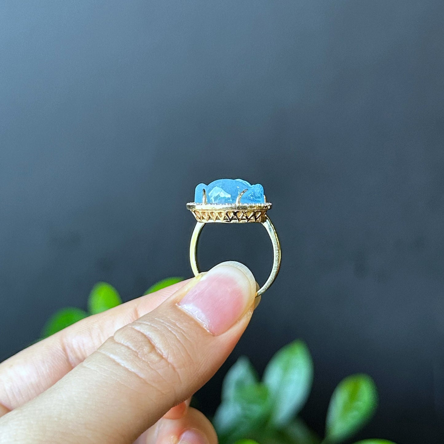 Happy Buddha Natural Blue Beryl Ring in 10k Yellow Gold with White Stone Setting Size 1.75