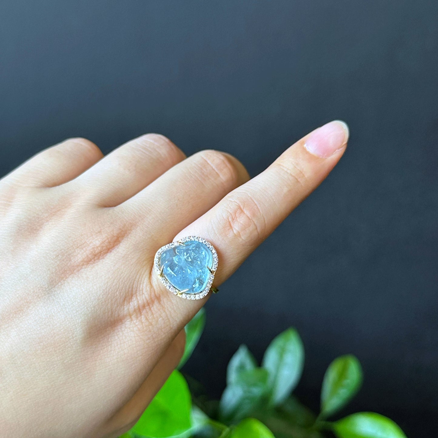 Happy Buddha Natural Blue Beryl Ring in 10k Yellow Gold with White Stone Setting Size 1.75