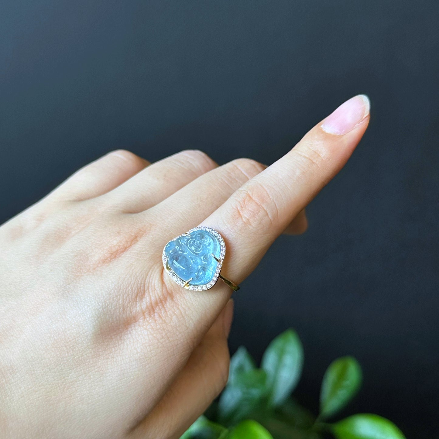 Happy Buddha Natural Blue Beryl Ring in 10k Yellow Gold with White Stone Setting Size 1.75