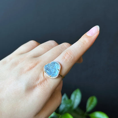 Happy Buddha Natural Blue Beryl Ring in 10k Yellow Gold with White Stone Setting Size 1.75
