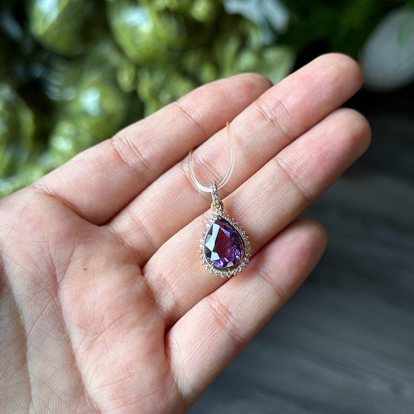 Tear Drop Amethyst Pendant In 10 k Yellow Gold and White Stone Setting