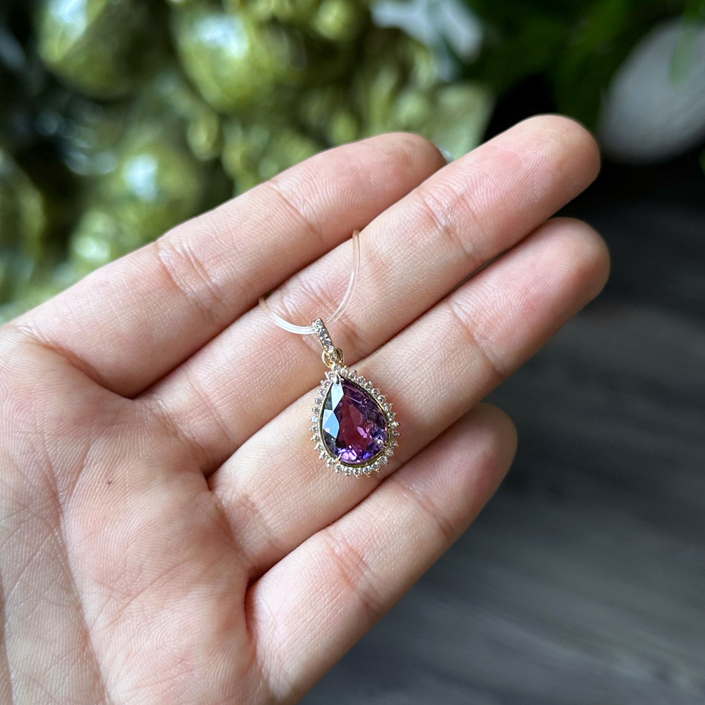 Tear Drop Amethyst Pendant In 10 k Yellow Gold and White Stone Setting