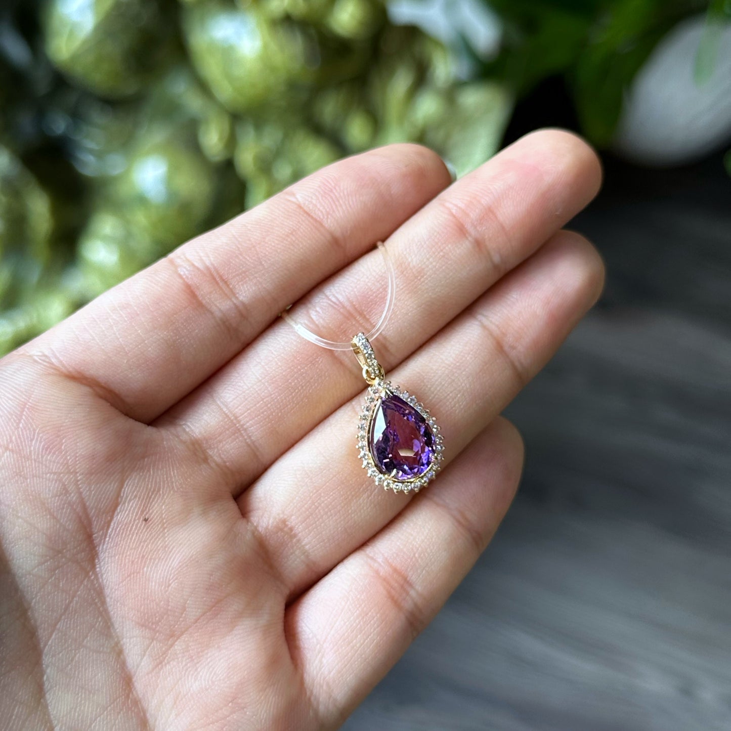 Tear Drop Amethyst Pendant In 10 k Yellow Gold and White Stone Setting