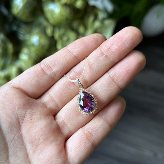 Tear Drop Amethyst Pendant In 10 k Yellow Gold and White Stone Setting