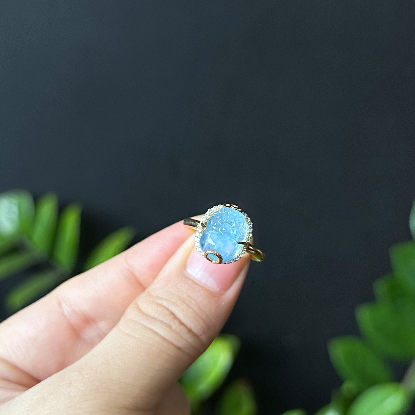 Pixiu Aquamarine Ring in 10k Yellow Gold Setting Size 1.7