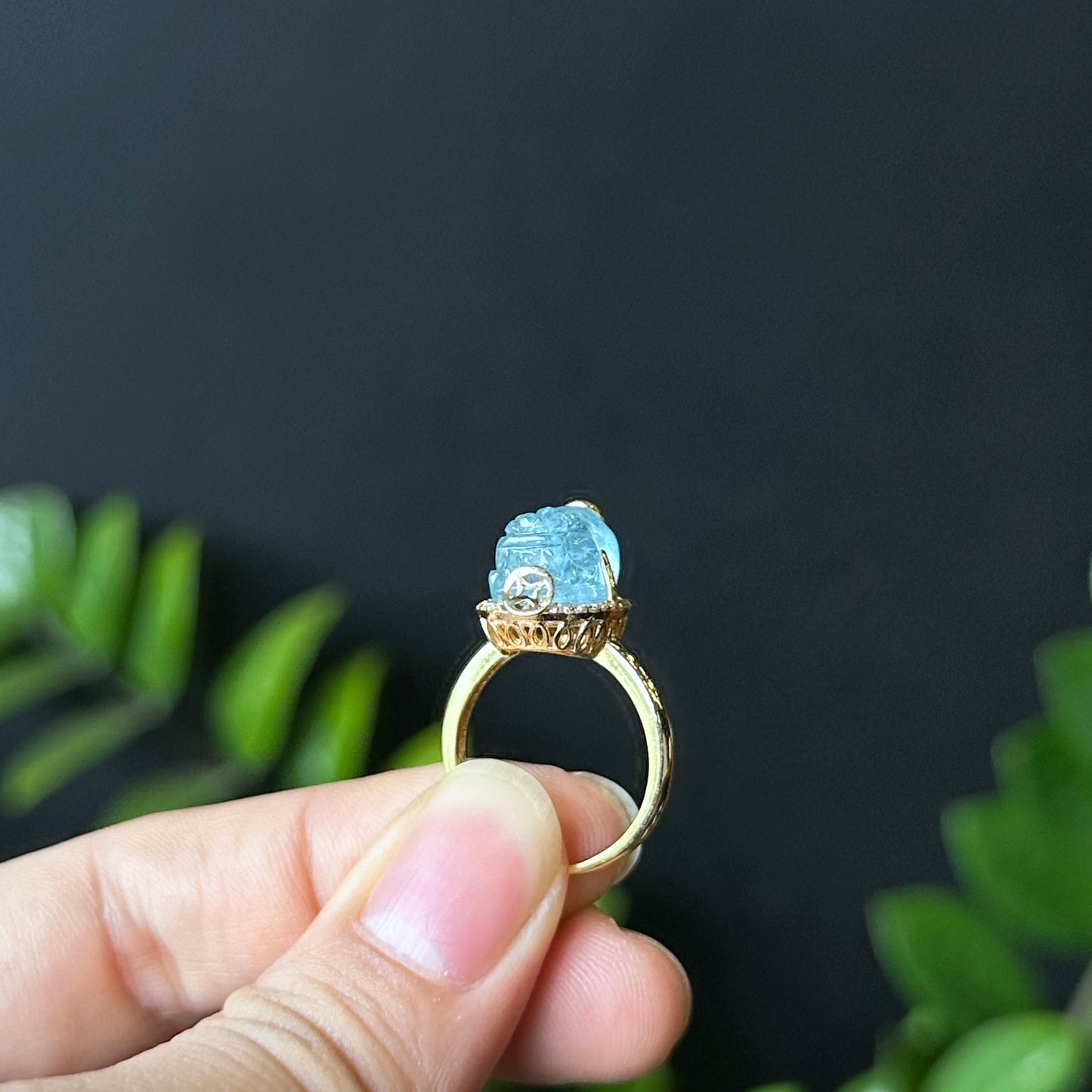 Pixiu Aquamarine Ring in 10k Yellow Gold Setting Size 1.7