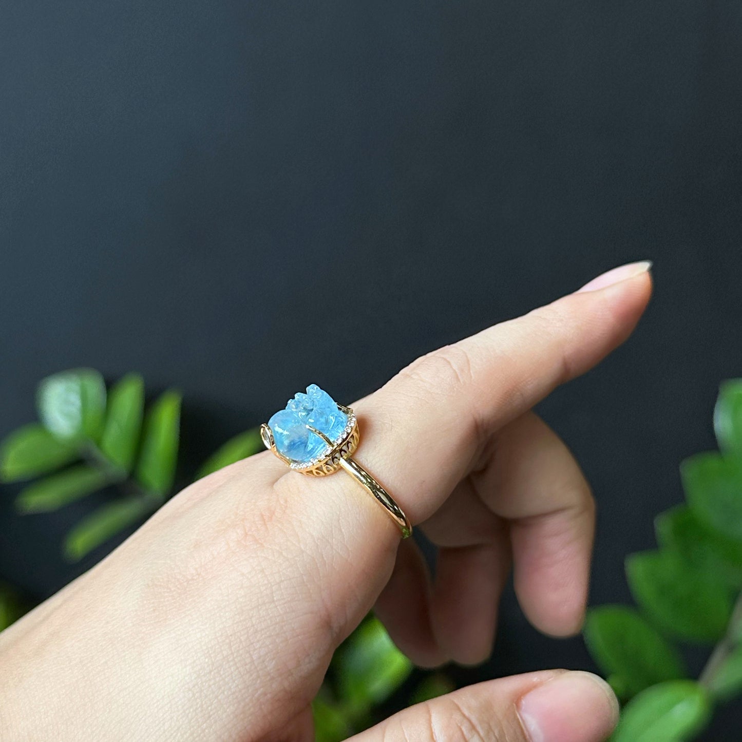 Pixiu Aquamarine Ring in 10k Yellow Gold Setting Size 1.7