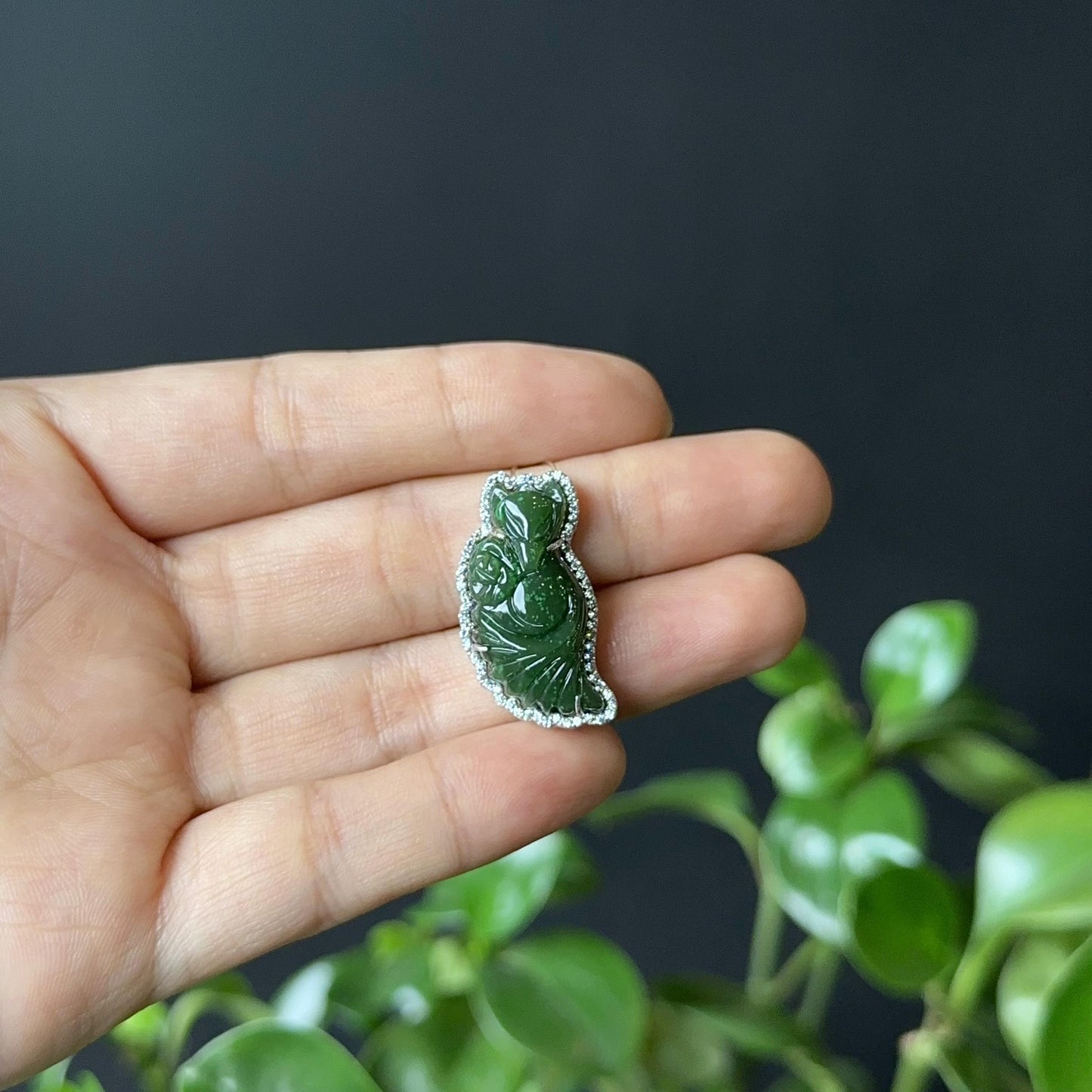 Long Ho Ly Nephrite Jade Pendant In Silver with White Stone Setting