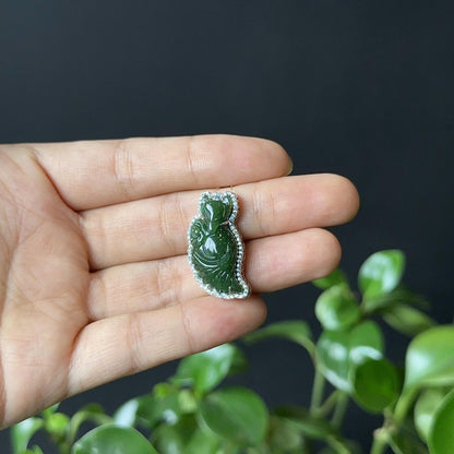 Long Ho Ly Nephrite Jade Pendant In Silver with White Stone Setting