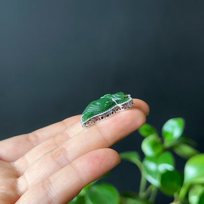 Long Ho Ly Nephrite Jade Pendant In Silver with White Stone Setting