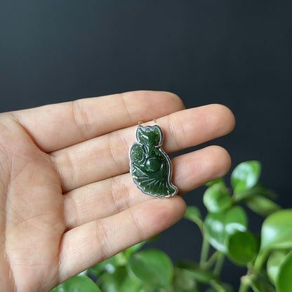 Long Ho Ly Natural Nephrite Jade Pendant In Silver Setting