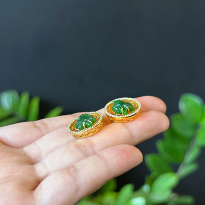 Maple Leaf Nephrite Jade Earrings In 10 k Yellow Gold with White Stone Setting