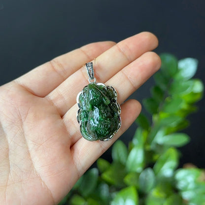 Zodiac Rat Nephrite Jade Pendant in 10k White Gold Setting