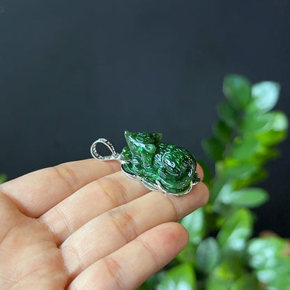 Zodiac Rat Nephrite Jade Pendant in 10k White Gold Setting