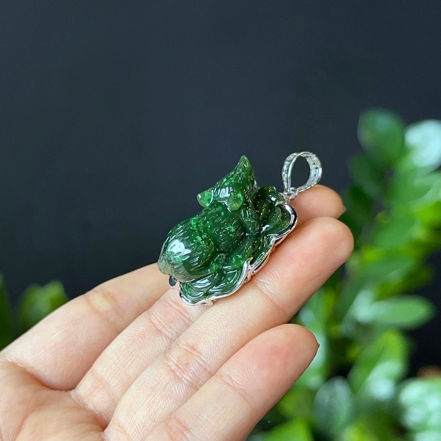 Zodiac Rat Natural Nephrite Jade Pendant in 10k White Gold Setting