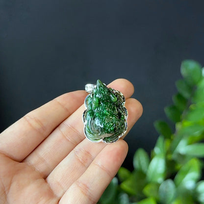 Zodiac Rat Nephrite Jade Pendant in 10k White Gold Setting