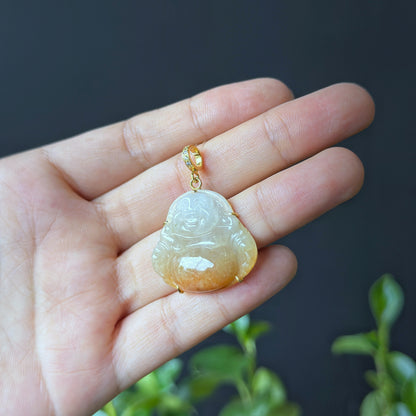 Happy Buddha Semi Translucent Orange Jadeite Jade  Pendant in 10 k Yellow Gold Simple Setting