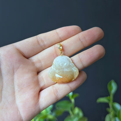 Happy Buddha Semi Translucent Orange Jadeite Jade  Pendant in 10 k Yellow Gold Simple Setting