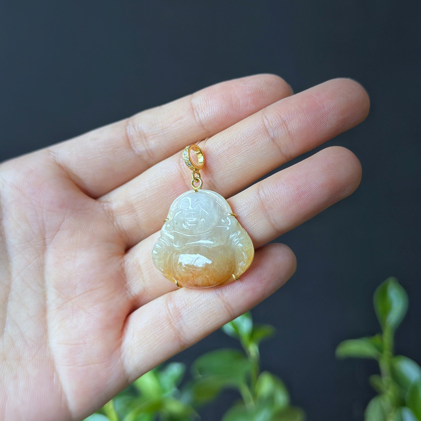 Happy Buddha Semi Translucent Orange Jadeite Jade  Pendant in 10 k Yellow Gold Simple Setting