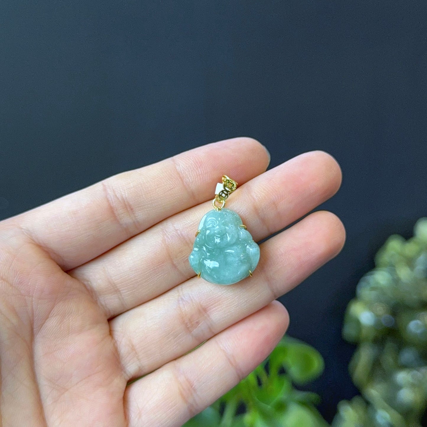 Mini Happy Buddha Natural Light Green Jadeite Jade  Pendant in 10 k Yellow Gold Simple Setting with Money Hook