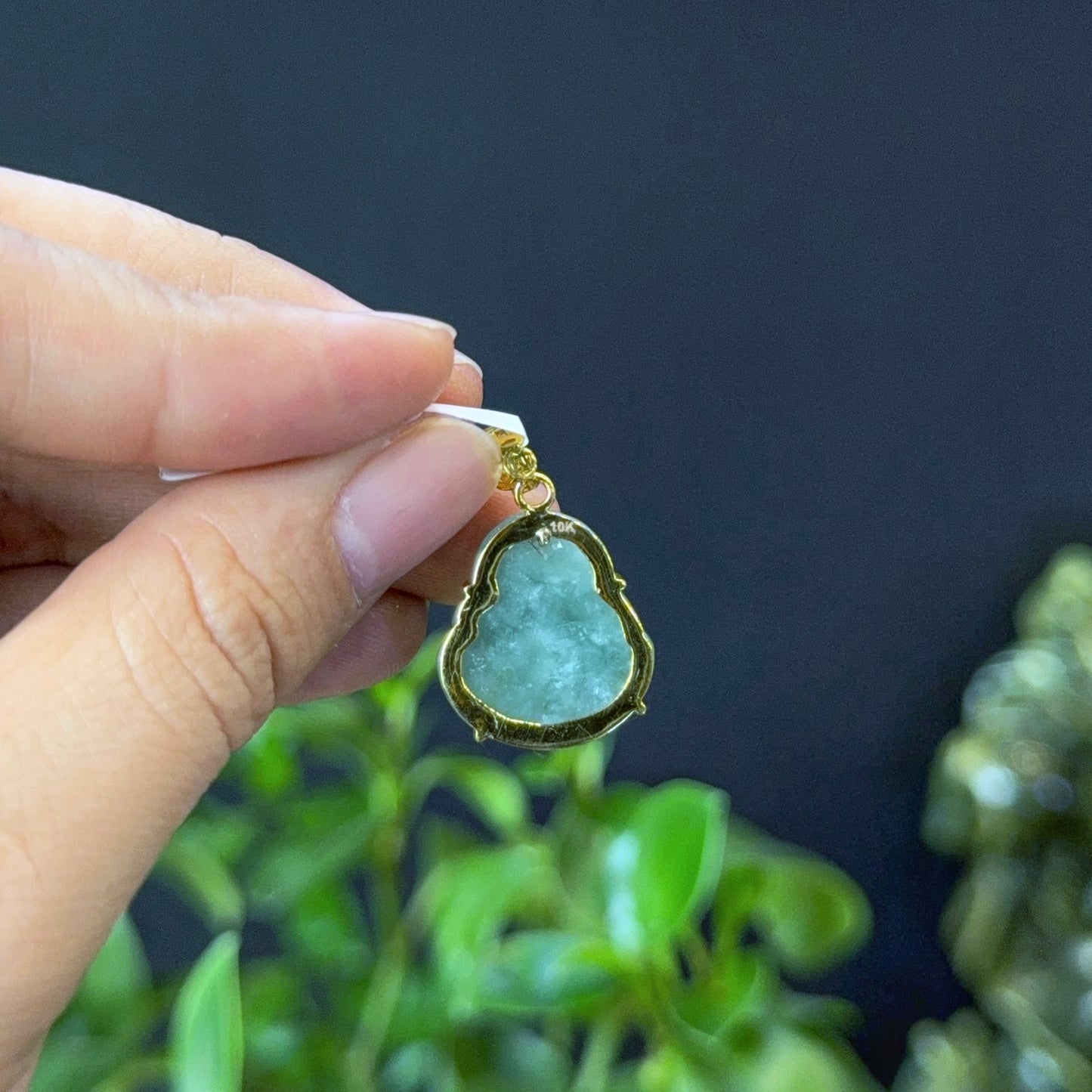 Mini Happy Buddha Natural Light Green Jadeite Jade  Pendant in 10 k Yellow Gold Simple Setting with Money Hook