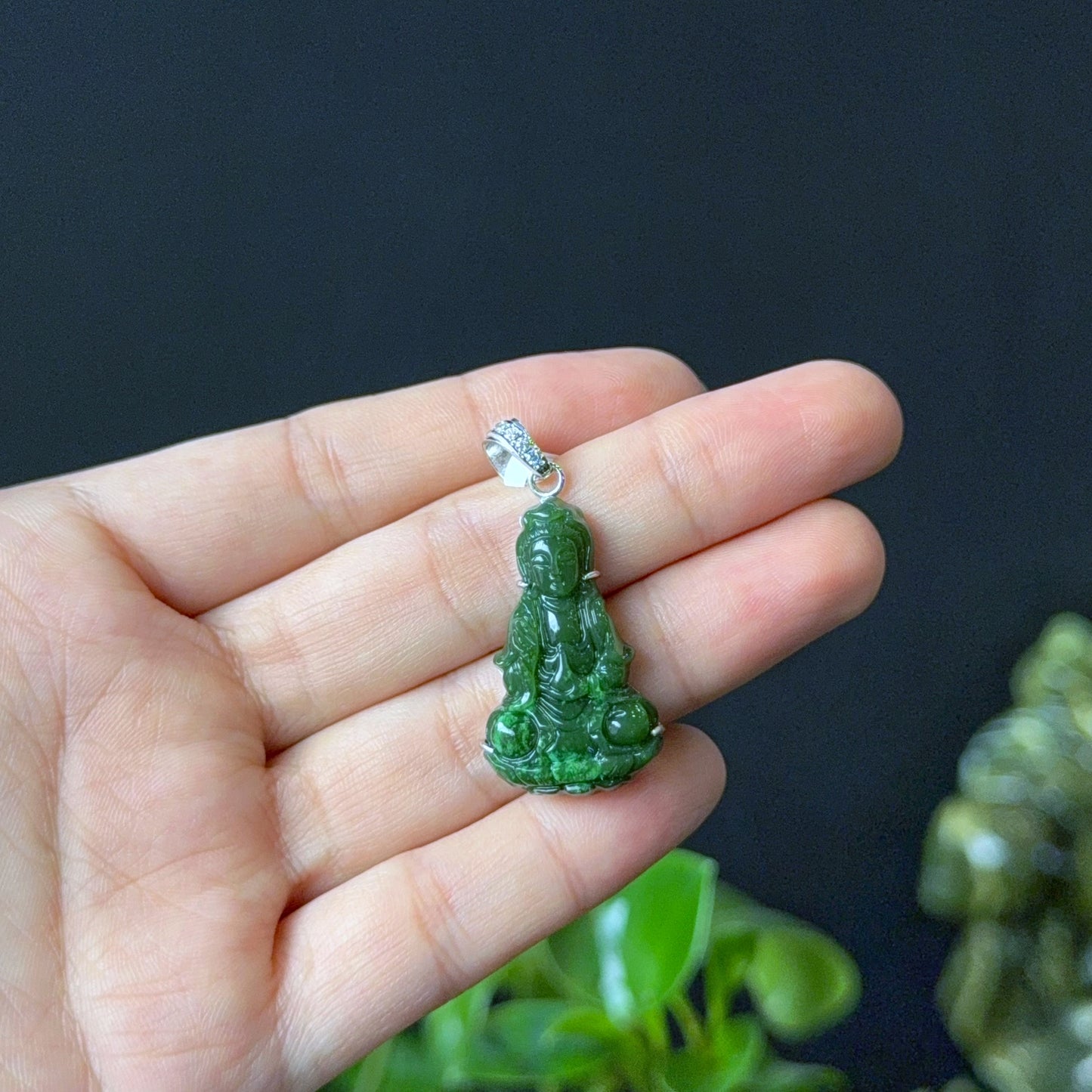 Quan The Am Buddha Natural Nephrite Jade Pendant in 10K White Gold Simple Setting