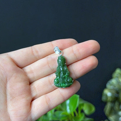 Quan The Am Buddha Natural Nephrite Jade Pendant in 10K White Gold Simple Setting