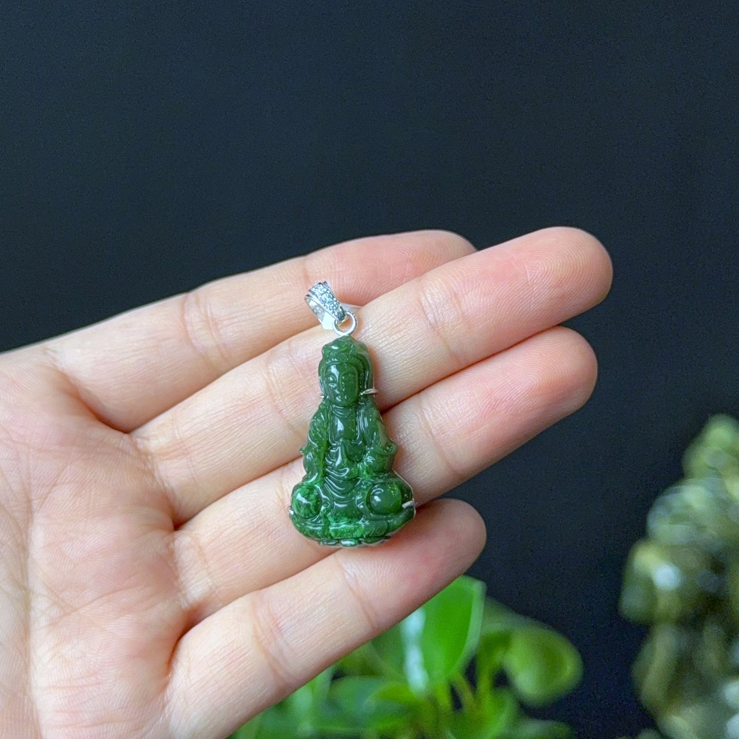 Quan The Am Buddha Natural Nephrite Jade Pendant in 10K White Gold Simple Setting