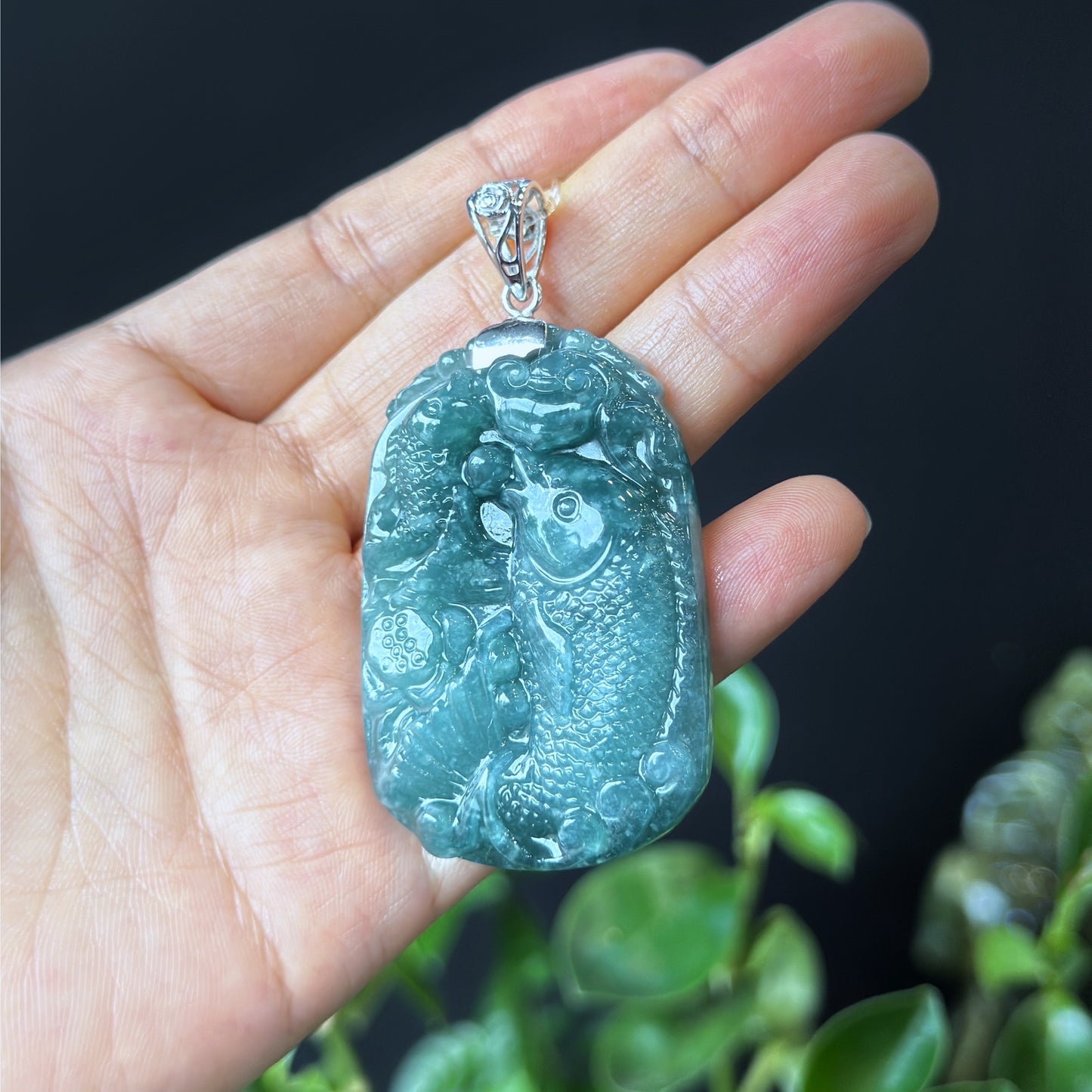 Pisces Fish Water Green Natural Jadeite Jade Pendant