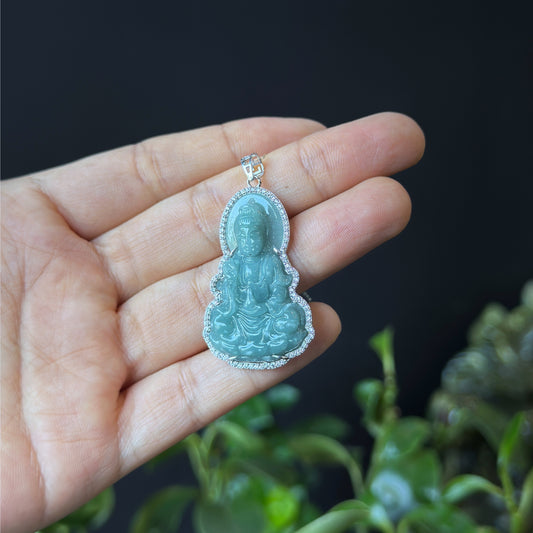 Quan The Am Buddha Blue Water Green Jadeite Jade Pendant in 10k White Gold Setting