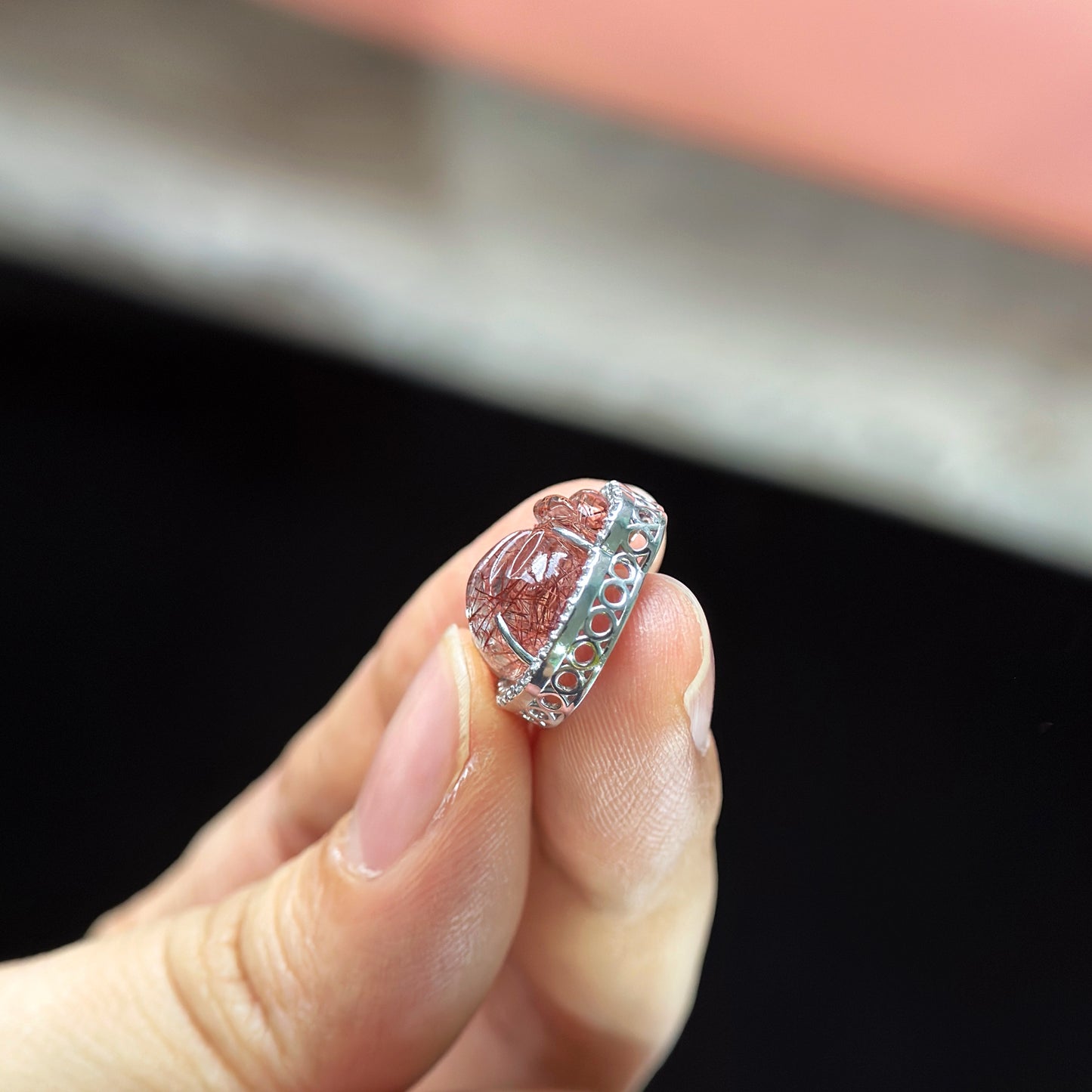 Money Bag Red Rutilated Quartz Charm in Silver Setting with White Stones