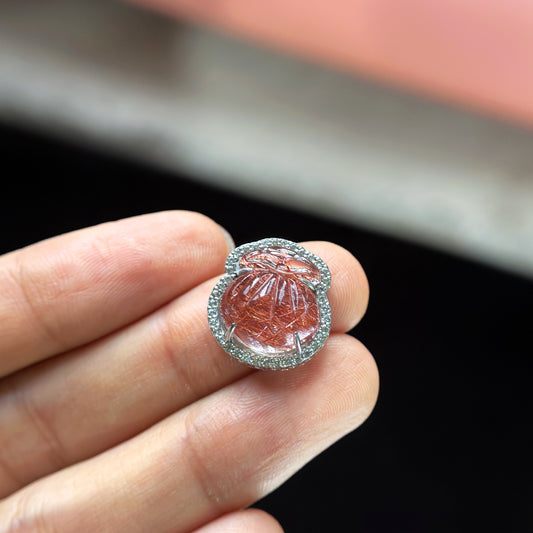 Money Bag Natural Red Rutilated Quartz Charm in Silver Setting with White Stones