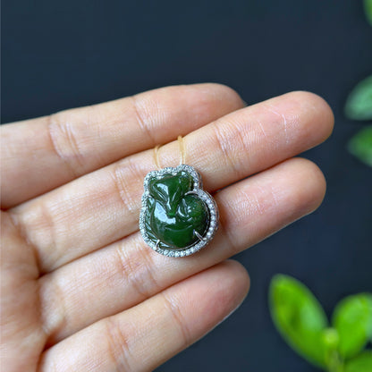 Ho Ly Nephrite Jade Charm In Silver Setting with White Stones