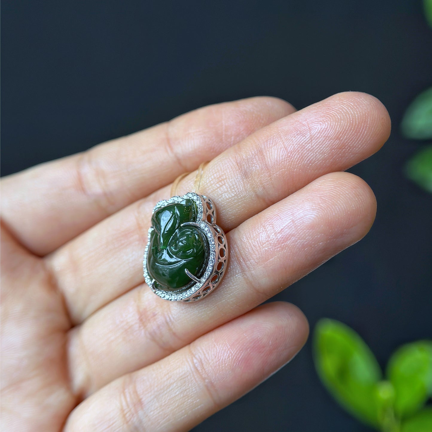 Ho Ly Nephrite Jade Charm In Silver Setting with White Stones