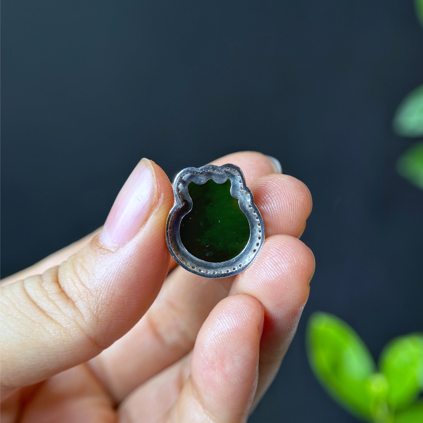 Ho Ly Nephrite Jade Charm In Silver Setting with White Stones