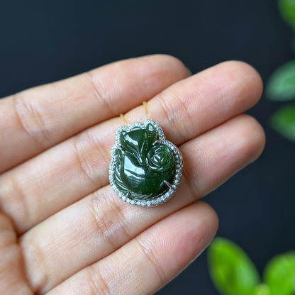 Ho Ly Nephrite Jade Charm In Silver Setting with White Stones